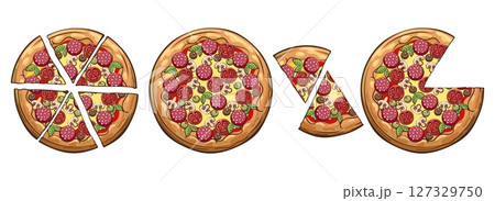Traditional pizza whole and pieces Traditional pizza whole and pieces 127329750