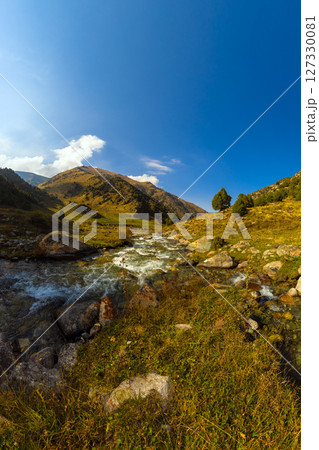 Mountain stream flowing through a grassy valley with rocks and trees under a blue sky with clouds. Mountain stream flowing through a grassy valley with rocks and trees under a blue sky with clouds. 127330081
