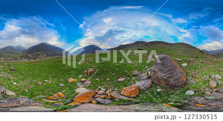 Full 360 by 180 panorama of Vast rocky landscape at spring day in Kyrgyzstan in equirectangular 127330515