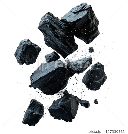 Chunks of black coal isolated on a transparent background. Broken coal pieces in different sizes with sharp edges and natural structure. 127330583