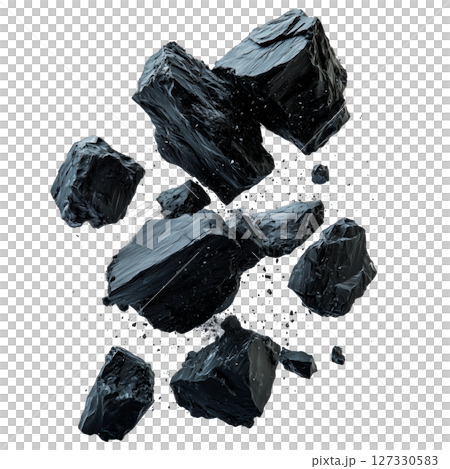 Chunks of black coal isolated on a transparent background. Broken coal pieces in different sizes with sharp edges and natural structure. 127330583