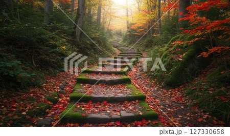 紅葉と苔むした石段 127330658