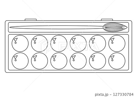 Coloring page with outline vector drawing of art supplies with watercolor paint and brushes. For entertaining kids, back to school or education black and white design, DIY craft activity, educational. Coloring page with outline vector drawing of art supplies with watercolor paint and brushes. For entertaining kids, back to school or education black and white design, DIY craft activity, educational. 127330784