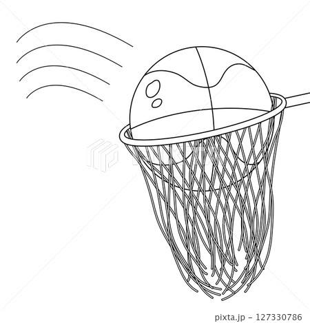 Coloring page with outline drawing of basketball ball going through hoop. School sports and physical education lesson concept. For entertaining kids activity, back to school black and white design. Coloring page with outline drawing of basketball ball going through hoop. School sports and physical education lesson concept. For entertaining kids activity, back to school black and white design. 127330786