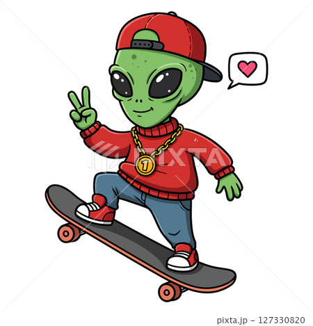 Cool alien skateboarding cartoon illustration 127330820