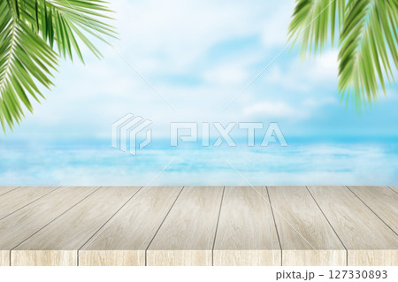 Wooden table with a view of the ocean 127330893