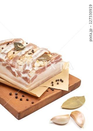 Ukrainian salo made from seasoned pork fatback Ukrainian salo made from seasoned pork fatback 127330919