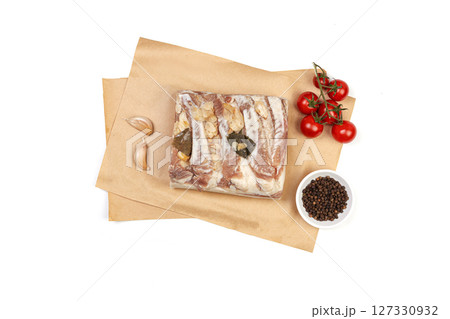 Traditional salted pork fat with spices isolated on white background Traditional salted pork fat with spices isolated on white background 127330932