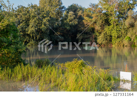 Sunset on a flooded river. flooded area, floodplain 127331164