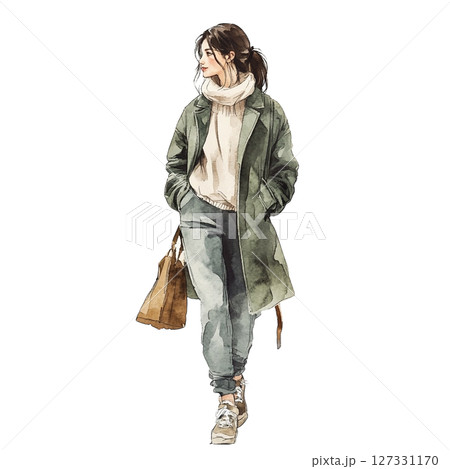 【全身立ち絵】グリーンコートの女性のイラスト 【全身立ち絵】グリーンコートの女性のイラスト 127331170