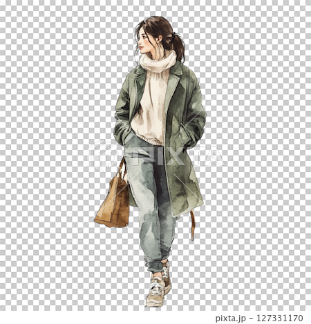 【全身立ち絵】グリーンコートの女性のイラスト 【全身立ち絵】グリーンコートの女性のイラスト 127331170