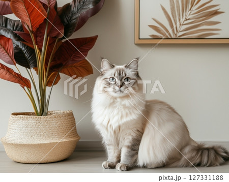 Fluffy white cat relaxing in a cozy stylish home interior with soft natural light and warm tones. 127331188