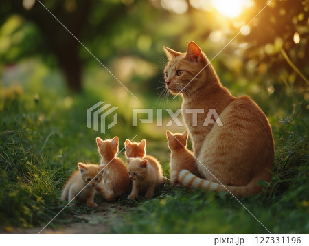 Ginger cat with kittens resting on grass in a forest, peaceful natural setting, soft sunlight. 127331196