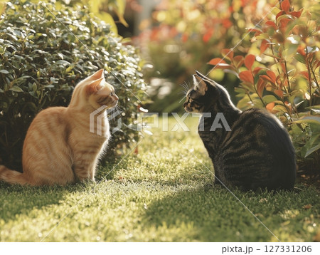 Two cats, ginger and gray, sit facing each other on a green backyard lawn, peaceful moment outdoors. 127331206