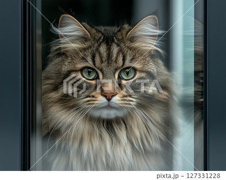 Fluffy striped cat with green eyes looks through a window, softly lit by natural daylight. Fluffy striped cat with green eyes looks through a window, softly lit by natural daylight. 127331228