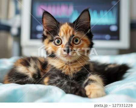 Kitten lies on a blanket in a veterinary clinic near medical equipment, calm and resting. Kitten lies on a blanket in a veterinary clinic near medical equipment, calm and resting. 127331229