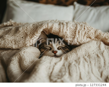 Cat sleeps curled up in a cozy knitted blanket, warm and peaceful indoor scene. 127331244
