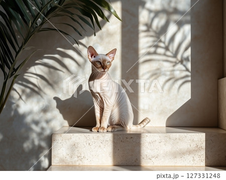 Cornish Rex cat sits by concrete wall in warm sunlight, showcasing sleek fur and elegant posture. Cornish Rex cat sits by concrete wall in warm sunlight, showcasing sleek fur and elegant posture. 127331248