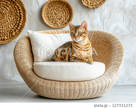 Bengal cat lies relaxed on a wicker chair in a bright, airy interior with soft natural light. 127331272