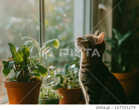 Gray tabby cat sits on windowsill among houseplants, gazing thoughtfully out the window. 127331274