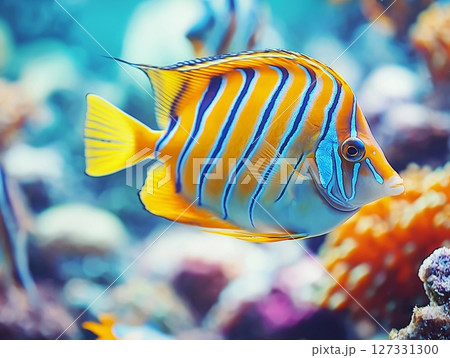 Beautiful aquarium fish swimming gracefully in clear water, close-up, tropical and colorful. 127331300
