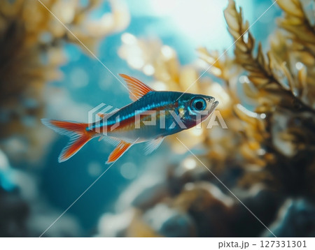 Beautiful aquarium fish swimming gracefully in clear water, close-up, tropical and colorful. 127331301