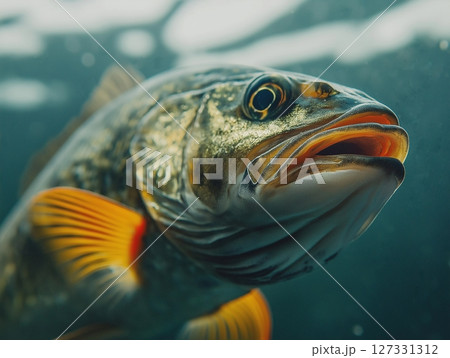 Beautiful aquarium fish swimming gracefully in clear water, close-up, tropical and colorful. Beautiful aquarium fish swimming gracefully in clear water, close-up, tropical and colorful. 127331312