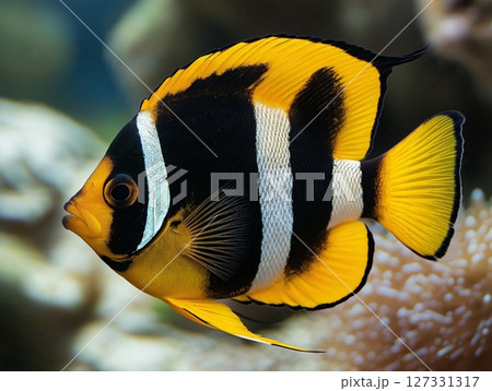 Beautiful aquarium fish swimming gracefully in clear water, close-up, tropical and colorful. Beautiful aquarium fish swimming gracefully in clear water, close-up, tropical and colorful. 127331317