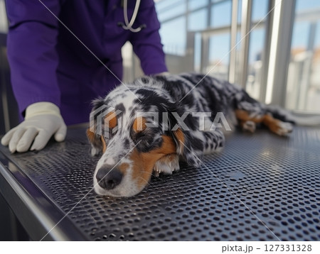 Dog at veterinary clinic receiving care from vet, calm and attentive atmosphere. Dog at veterinary clinic receiving care from vet, calm and attentive atmosphere. 127331328