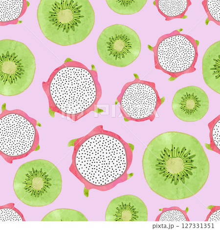Seamless tropical fruit pattern with watercolor kiwi and dragon fruit slices Seamless tropical fruit pattern with watercolor kiwi and dragon fruit slices 127331351