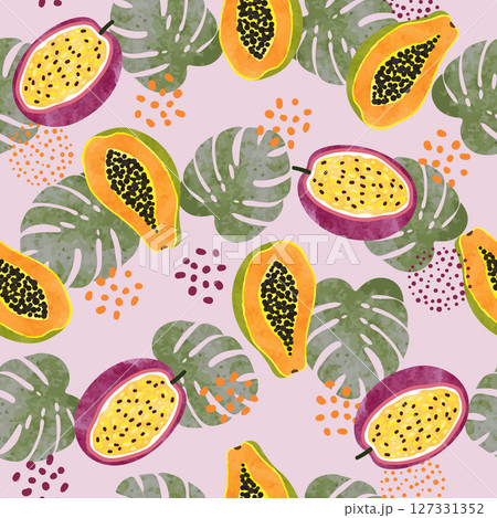 Tropical fruit pattern with watercolor papaya, passion fruit and palm leaves 127331352