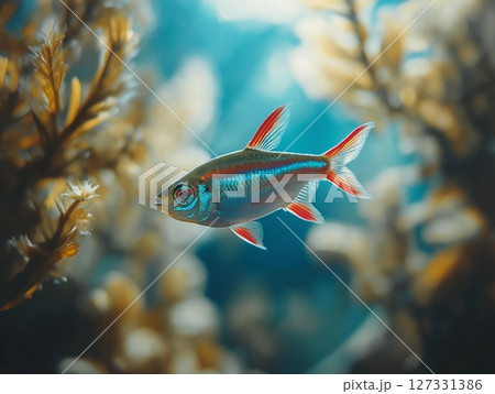 Beautiful aquarium fish swimming gracefully in clear water, close-up, tropical and colorful. 127331386