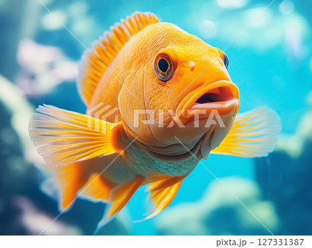 Beautiful aquarium fish swimming gracefully in clear water, close-up, tropical and colorful. 127331387