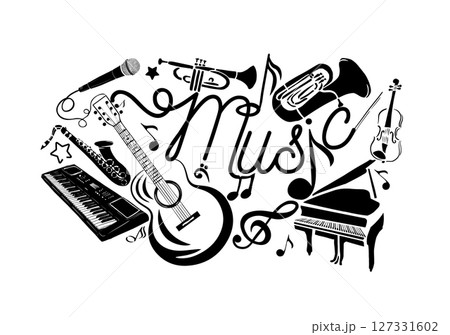 Abstract Music monochrome. Many musical instruments. hand drawn. Not AI, Vector illustration 127331602