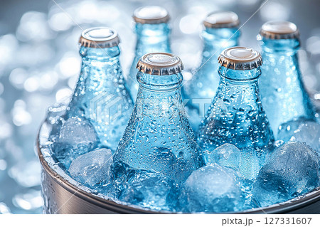 Summer decoration. Retro cooler filled with glass soda bottles and ice. Retro style. Close-up. Summer decoration. Retro cooler filled with glass soda bottles and ice. Retro style. Close-up. 127331607