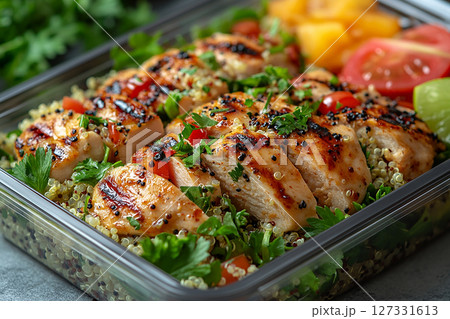 Packed office lunch box with quinoa salad, grilled chicken, mixed greens and fruit. Packed office lunch box with quinoa salad, grilled chicken, mixed greens and fruit. 127331613