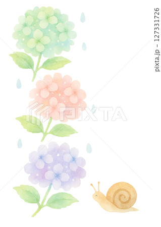 紫陽花とカタツムリと雨粒の水彩イラスト・梅雨の季節素材（切り抜きPNG） 127331726