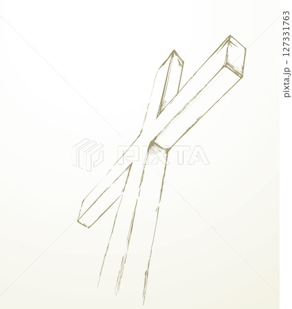 Wooden cross on sky background. Vector drawing 127331763