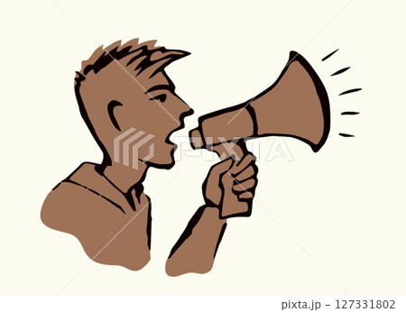 The man shouts into the loudspeaker. Vector drawing 127331802