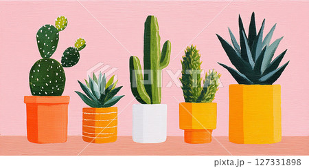 Grouping of potted cactus plants, displayed on a shelf against pink background, with diverse cacti and succulent varieties 127331898