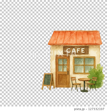 Watercolor cafe exterior illustration with terrace seating (cutout PNG) 127332107