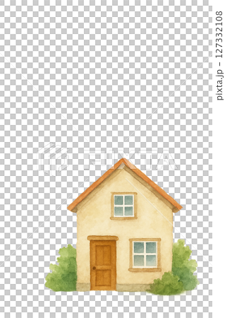 チュラルな一軒家の水彩イラスト・ガーデン付き住宅素材（切り抜きPNG） 127332108