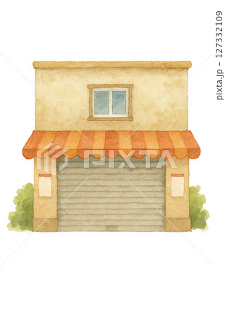 ガレージ風シャッター付き店舗イラスト・水彩タッチのシンプル建物素材（切り抜きPNG） 127332109