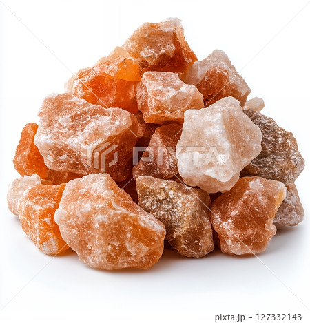 Orange And Pink Himalayan Rock Salt Crystals Pile On White Background 127332143