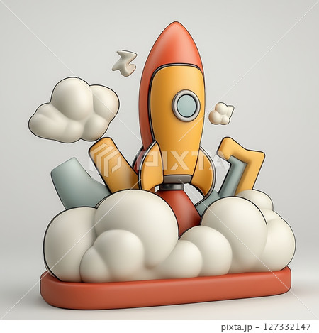 Orange and Yellow Stylized Rocket Launching Through Clouds 3D Render 127332147