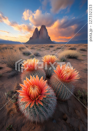 Orange Cactus Blossoms at Sunset in the Desert 127332153