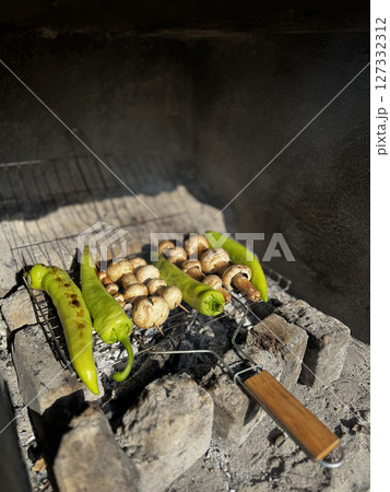 vegan shashlik cooked outdoors. High quality photo vegan shashlik cooked outdoors. High quality photo 127332312