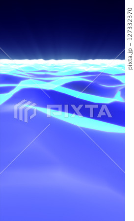 Futuristic glowing ocean of light with radiant waves under a dark blue horizon, abstract and immersive energy simulation 127332370