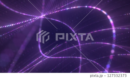 Vibrant purple and pink light trails forming an elegant, swirling abstract digital web on a dark background 127332373