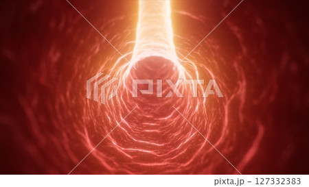 Intense red and orange glowing tunnel visual with radiant energy lines, resembling a plasma or bio-energy conduit 127332383